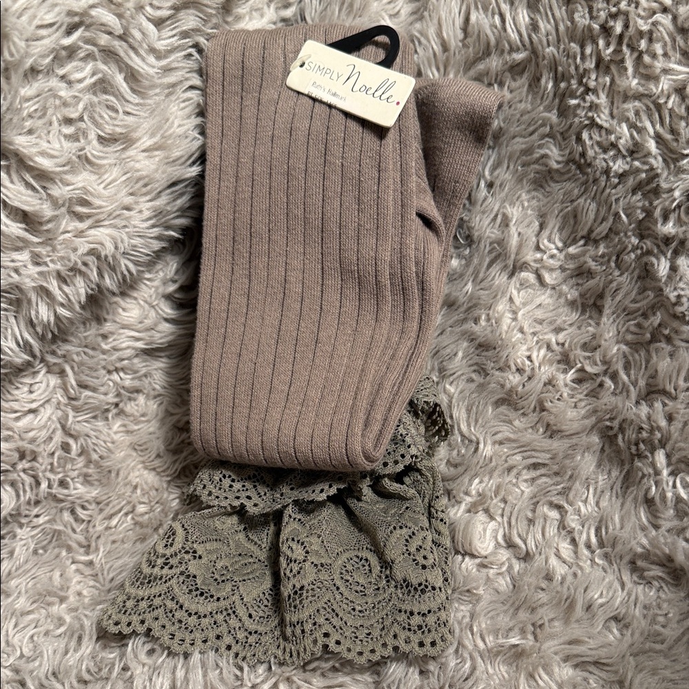 Simply Noelle Ribbed Knit Boot Socks in Taupe with Lace top